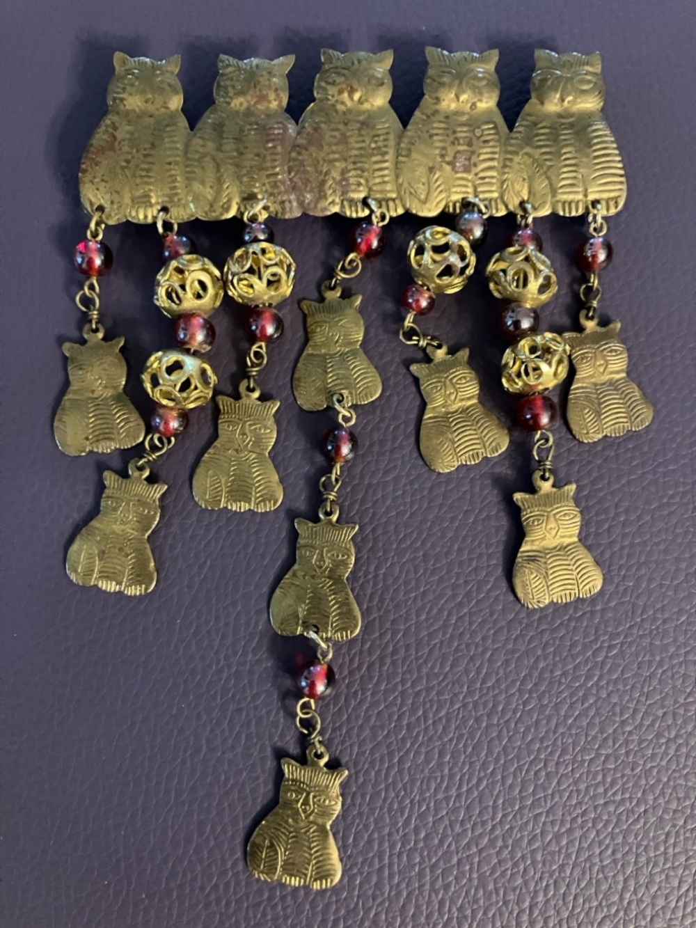 Attention Cat Fans-Gold-Tone Cat  Dangle Brooch with Maroon Beads